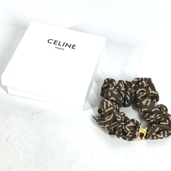 CELINE Triomphe Logo Hair Accessory, Silk Scrunchie Tie, Women's, Khaki - Picture 3 of 8